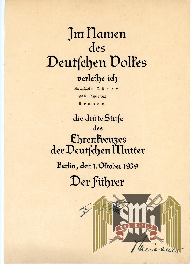Mother's Cross Award Document for Bronze Cross to Mathilde Luder