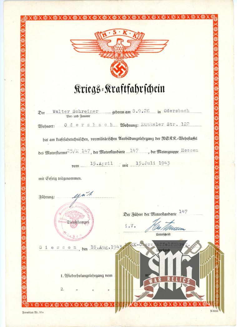 NSKK Driver Training certificate 1943