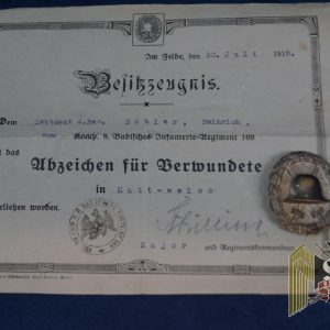 WW1 Silver wound badge with Award document
