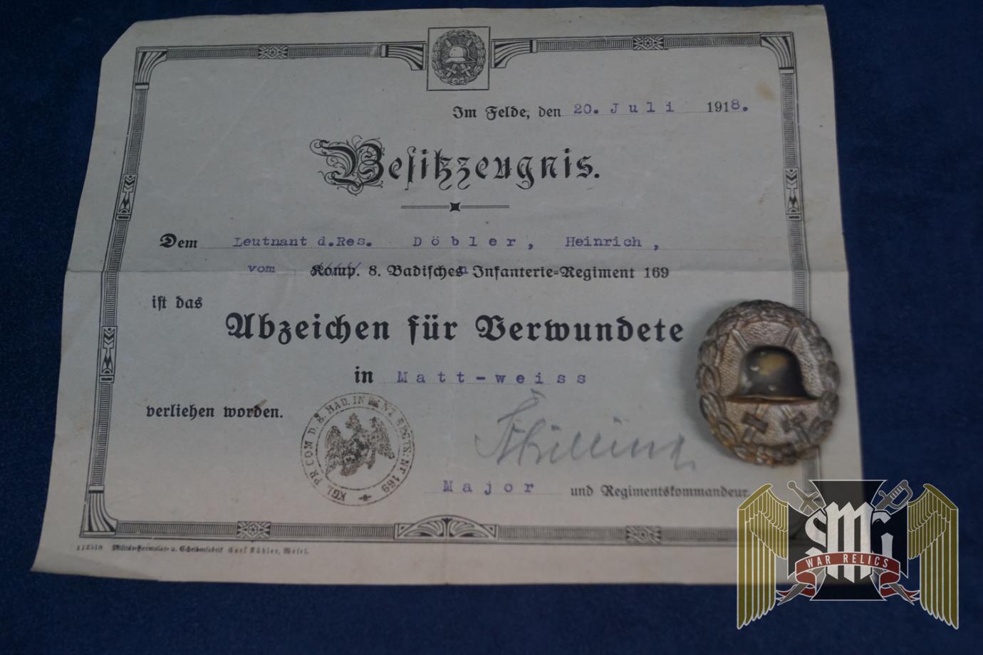 WW1 Silver wound badge with Award document