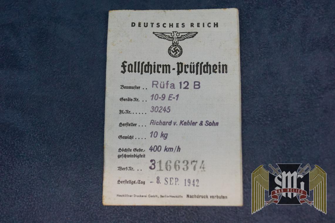 Luftwaffe Parachute inspection book (Fallschirm-Pruschein