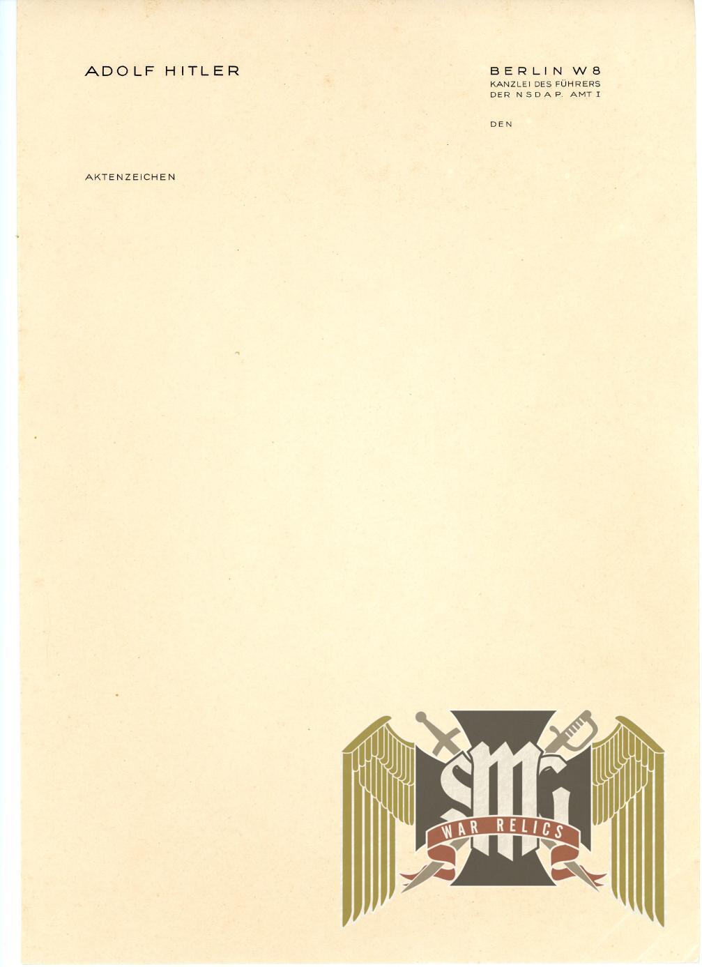 Adolf Hitler Berlin Chancellery Stationary