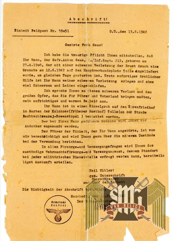 Death notices for Anton Geus 1942 and 1946 dated