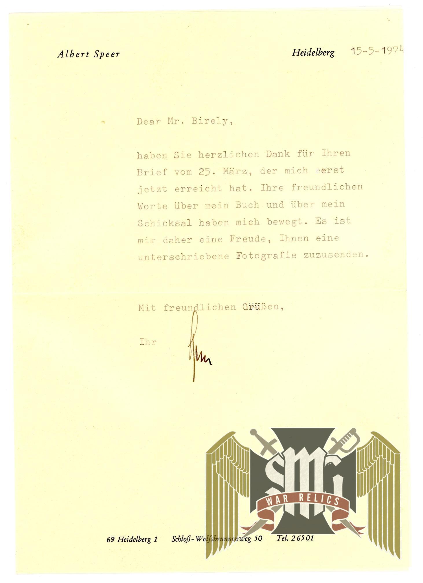 Albert Speer Signed Letter and Photo w/extras