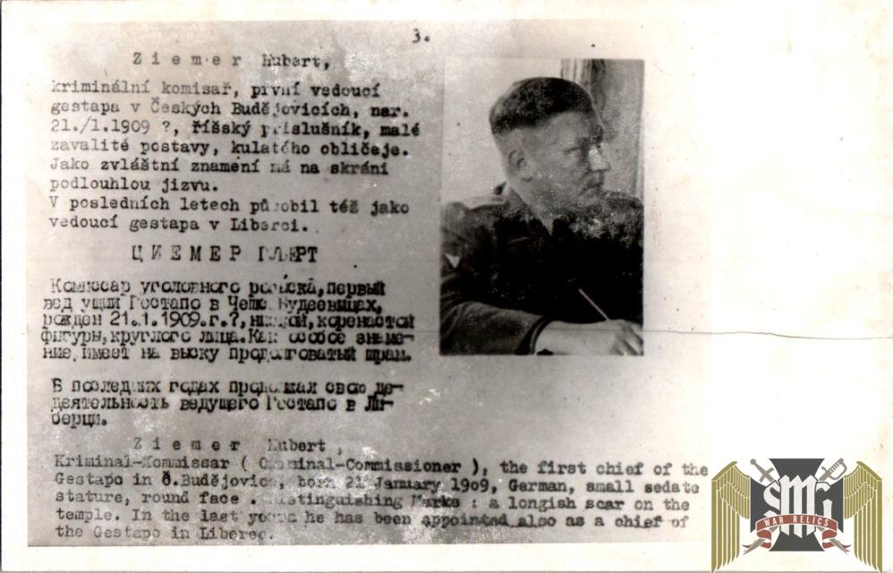 Czechoslovakian SS Gestapo (Sipo-SD) allied “wanted” Card Hubert Ziemer Commissioner