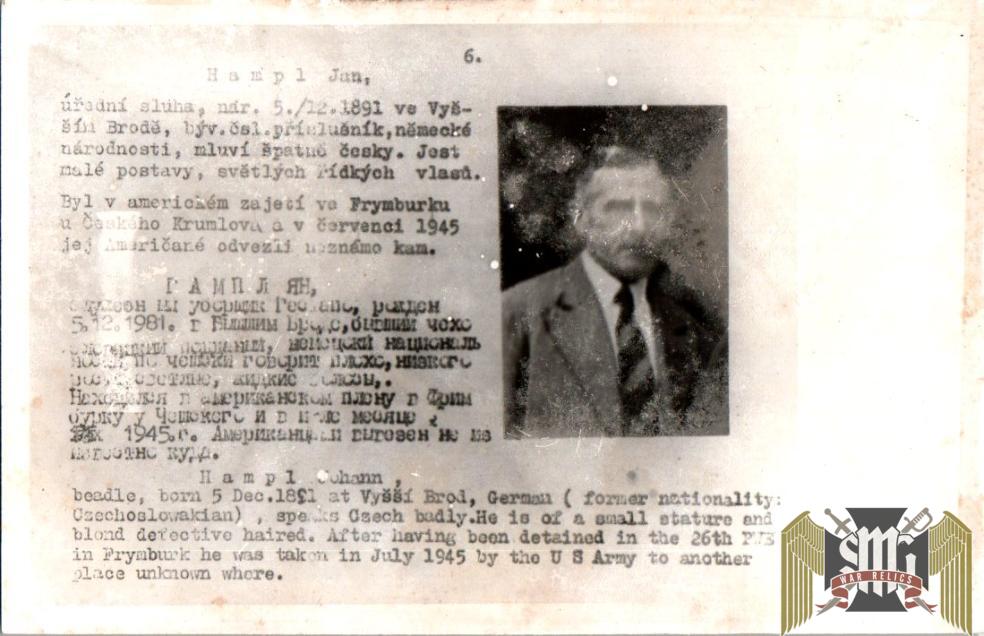 Czechoslovakian SS Gestapo (Sipo-SD) allied “wanted” Card Jan Hampl