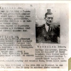 Czechoslovakian SS Gestapo (Sipo-SD) allied “wanted” Card Johann Wesselak