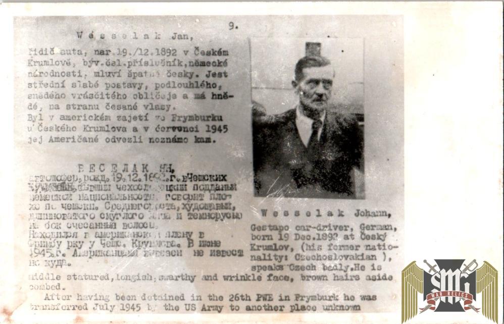 Czechoslovakian SS Gestapo (Sipo-SD) allied “wanted” Card Johann Wesselak
