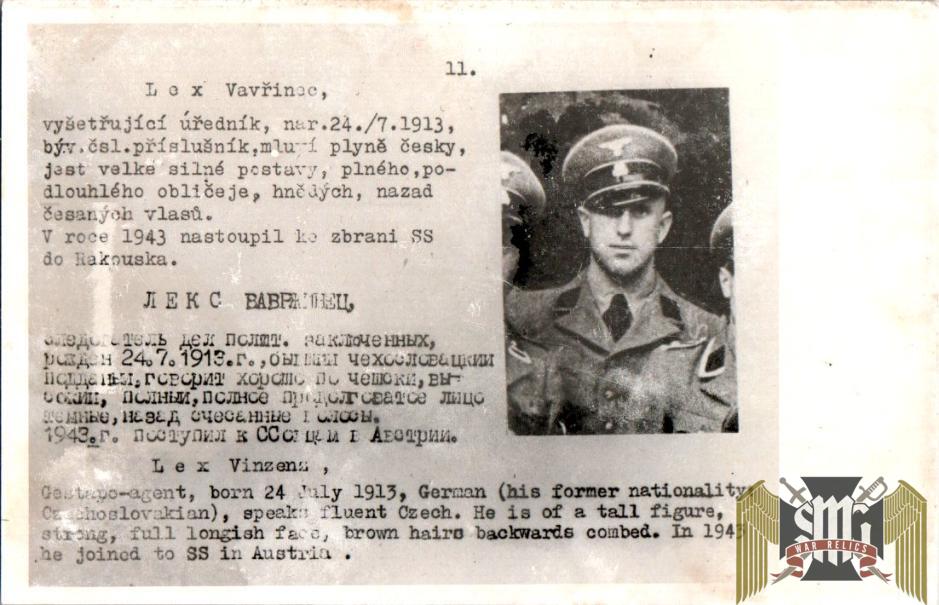 Czechoslovakian SS Gestapo (Sipo-SD) allied “wanted” Card Vinzens Lex