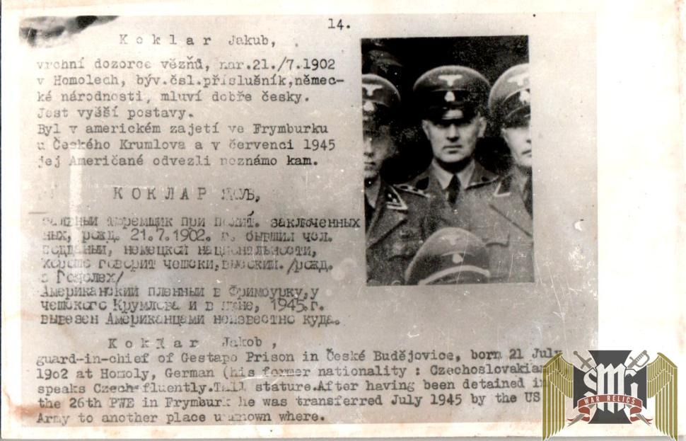 Czechoslovakian SS Gestapo (Sipo-SD) allied “wanted” Card Jakob Koklar