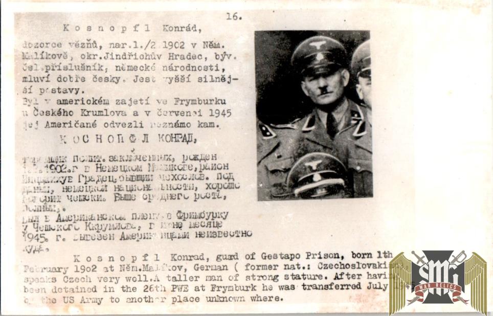 Czechoslovakian SS Gestapo (Sipo-SD) allied “wanted” Card Konrad Kosnopfl