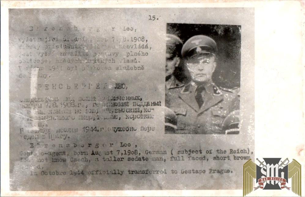 Czechoslovakian SS Gestapo (Sipo-SD) allied “wanted” Card Leo Ehrensberger