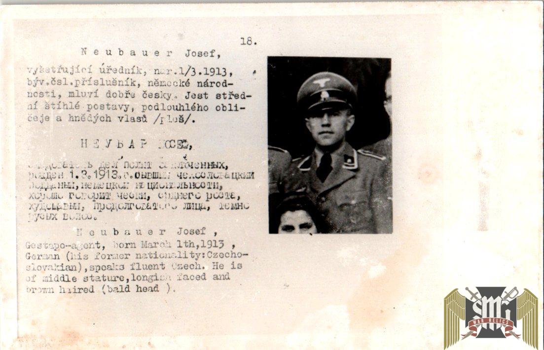 Czechoslovakian SS Gestapo (Sipo-SD) allied “wanted” Card Josef Neubauer