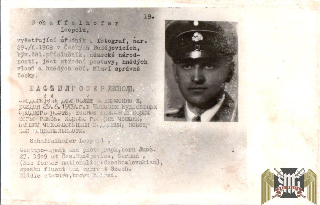 Czechoslovakian SS Gestapo (Sipo-SD) allied “wanted” Card Leopold Schaffelhofer