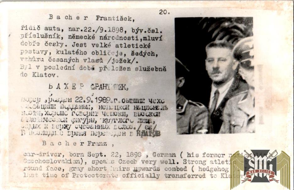 Czechoslovakian SS Gestapo (Sipo-SD) allied “wanted” Card Franz Bacher