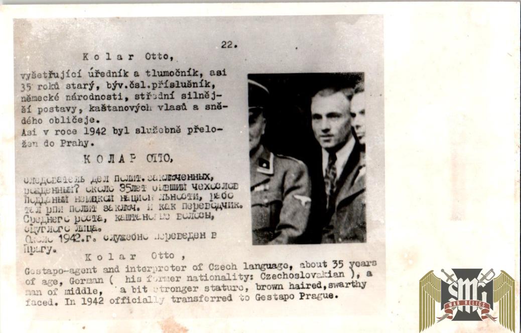 Czechoslovakian SS Gestapo (Sipo-SD) allied “wanted” Card Otto Kolar