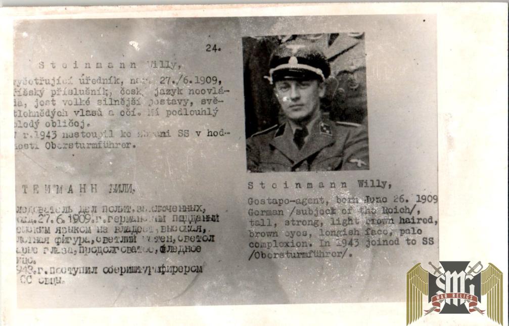 Czechoslovakian SS Gestapo (Sipo-SD) allied “wanted” Card Steinmann Willy