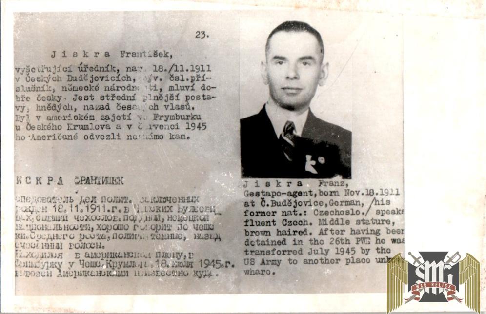 Czechoslovakian SS Gestapo (Sipo-SD) allied “wanted” Card Franz Jiskra