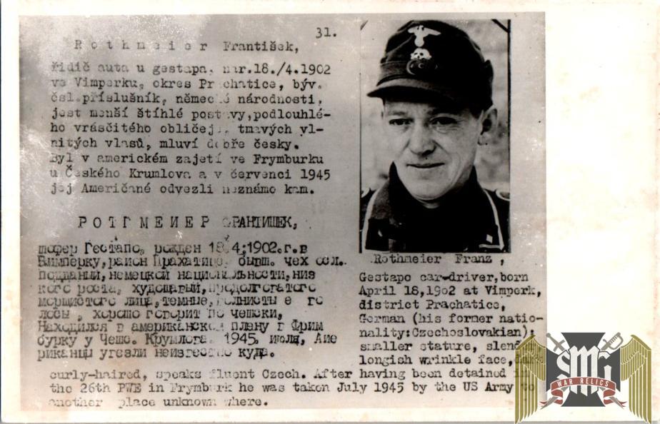 Czechoslovakian SS Gestapo (Sipo-SD) allied “wanted” Franz Rothmeier