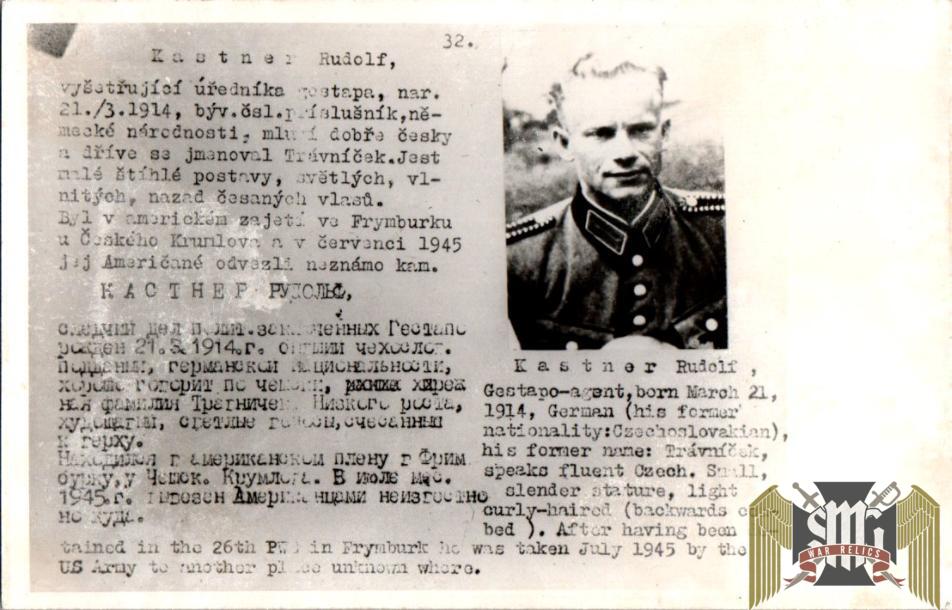 Czechoslovakian SS Gestapo (Sipo-SD) allied “wanted” Rudolf Kastner