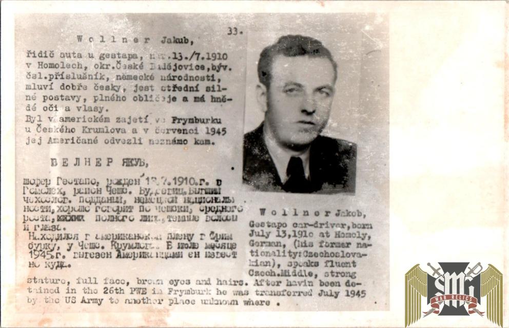 Czechoslovakian SS Gestapo (Sipo-SD) allied “wanted” Jakub Wellner