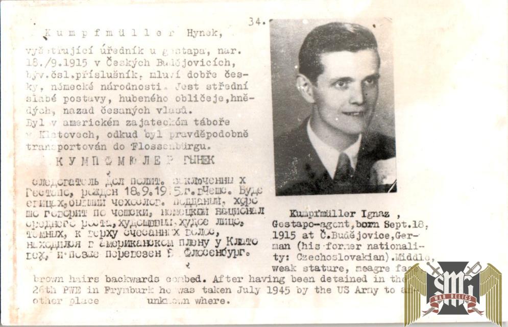 Czechoslovakian SS Gestapo (Sipo-SD) allied “wanted” Hynek Kumpfmuller