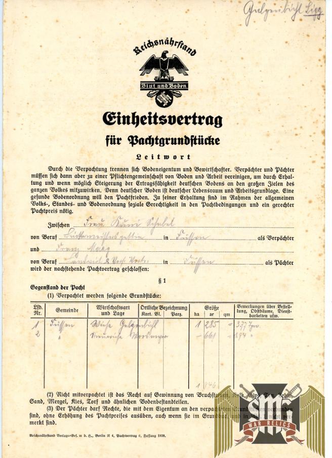 Reichsnahrstand Land Lease Document
