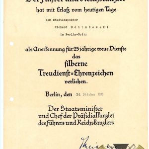 25 year Faithful Service award document to A state inspector