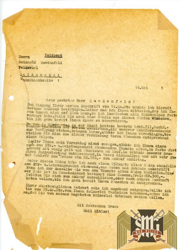 3rd reich era Letter regarding Dog breeding