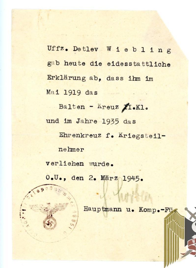 Baltic Cross and Hindenburg Cross Award Confirmation