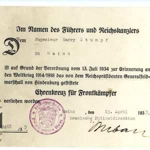 Hindenburg Cross award document