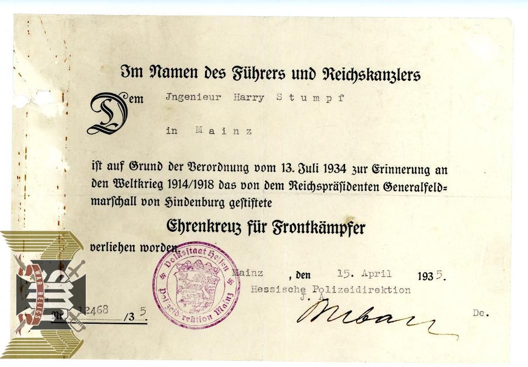 Hindenburg Cross award document