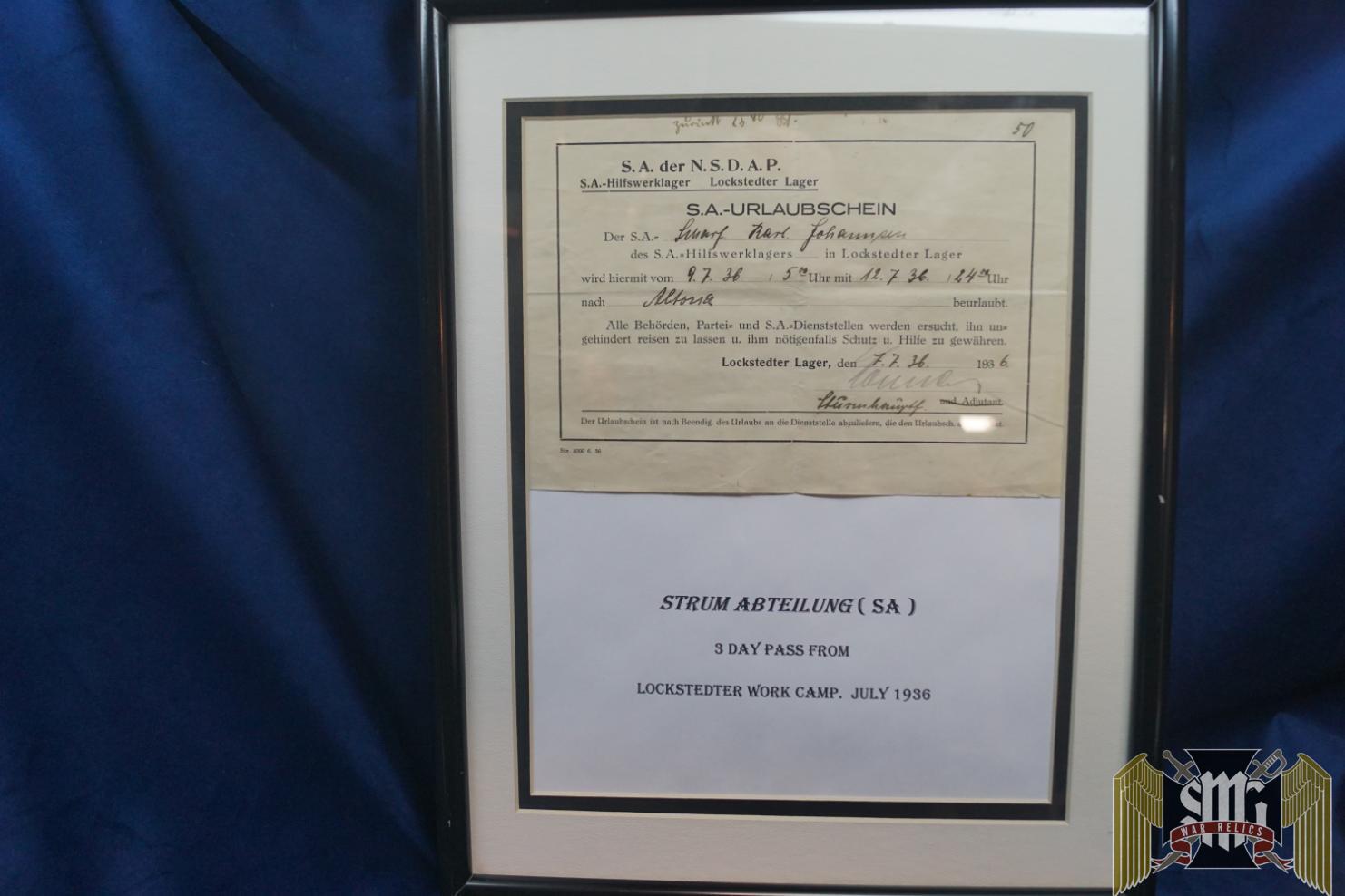 SA 3 Day Pass from Lockstedter Relief training Camp 1936