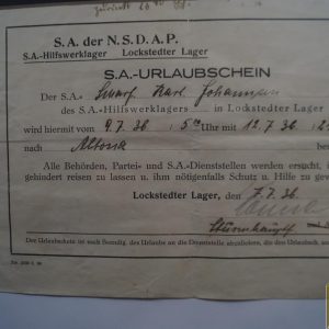 SA 3 Day Pass from Lockstedter Relief training Camp 1936