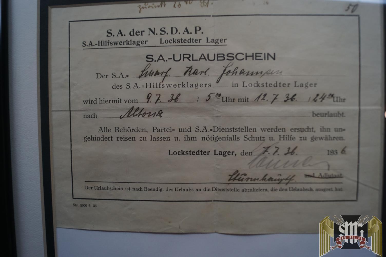 SA 3 Day Pass from Lockstedter Relief training Camp 1936