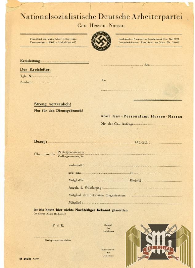 NSDAP Blank Membership Document