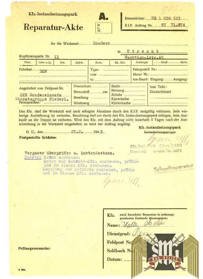 Military Truck Repair order and Bill march 1945
