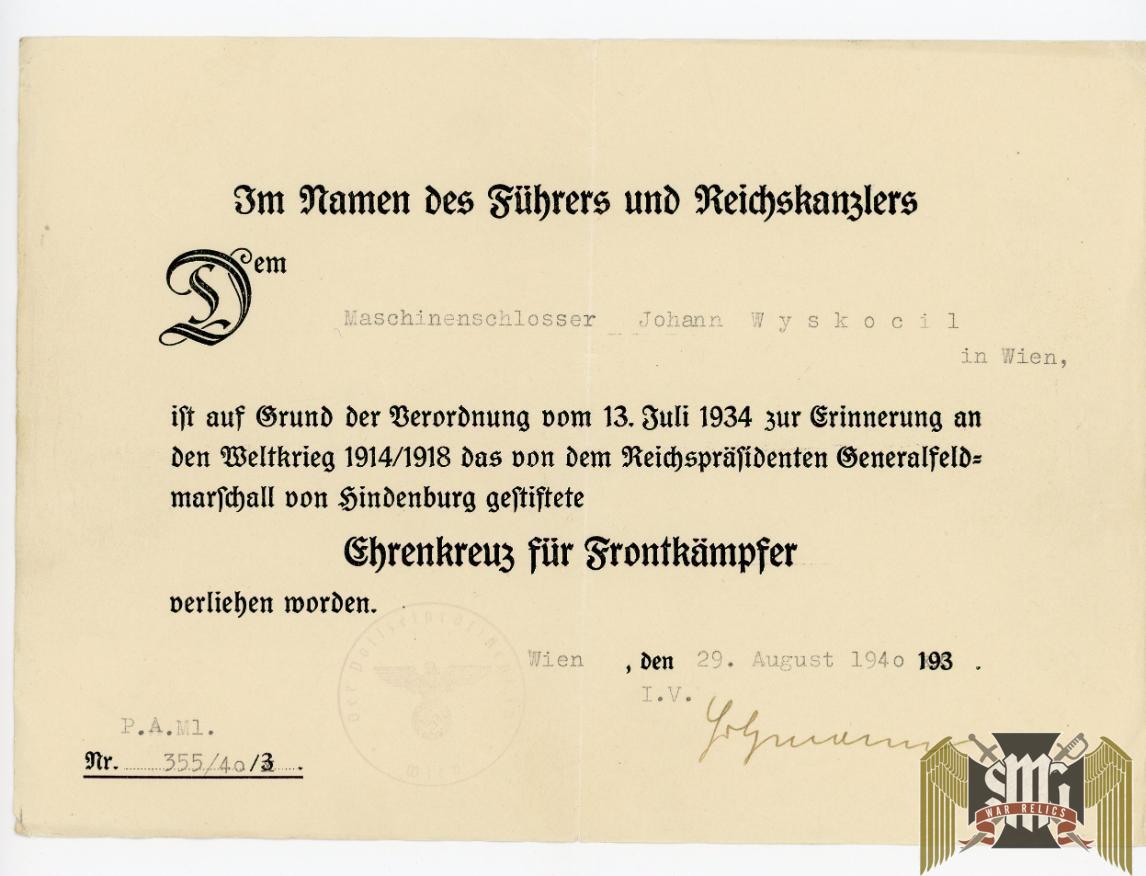 SMGP-0926 Hindenburg Award document 1940