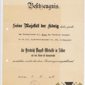 WW1 Friedrich August Medal Award document In Silver