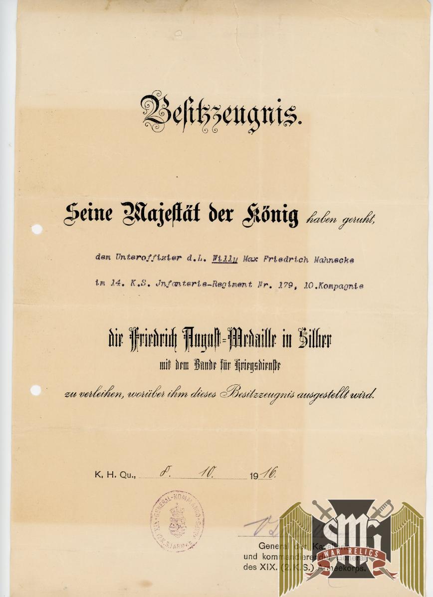 WW1 Friedrich August Medal Award document In Silver