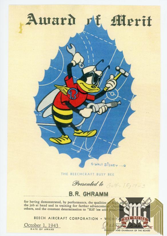 Disney Beechcraft Busy Bee Award of Merit document and Patch