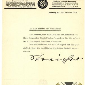 NSDAP office memo regarding Hitler youth with Julius Streicher Facsimile