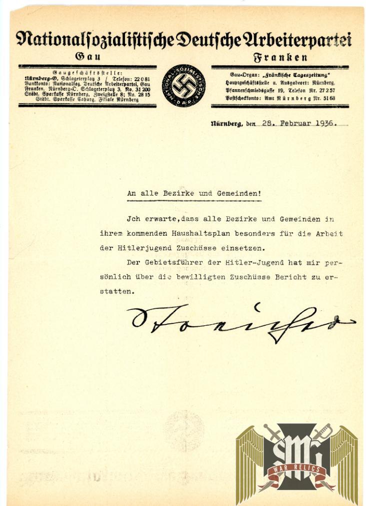 NSDAP office memo regarding Hitler youth with Julius Streicher Facsimile