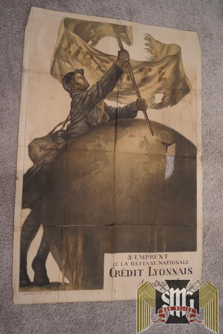 OLD POSTER SIGNED ABEL FAIVRE (1867-1945) 3rd LOAN FROM THE NATIONAL DEFENCE - CRÉDIT LYONNAIS SUBSCRIBE POILU PLANTING THE FLAG OF LIBERTY ON EARTH 1917, Paris, Edition Devambez, print strictly of the time for public borrowing Format: 80 x 60