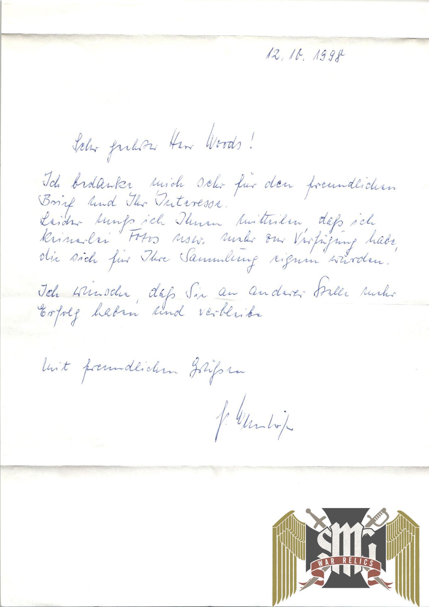 Gunter Wanhofer Personalized letter to collector knights cross Signature